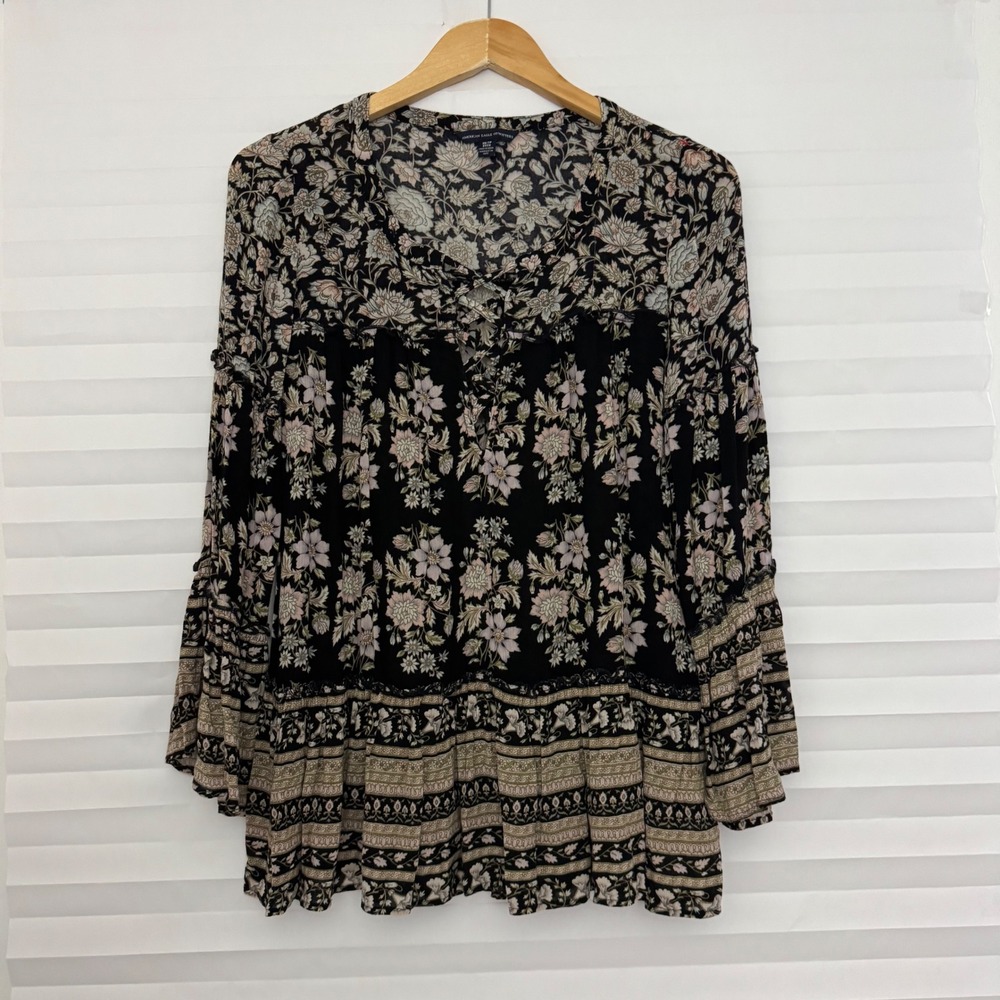 American Eagle Whimsigoth Floral Lace Up Bell Sleeve Peasant Blouse XS Hippie